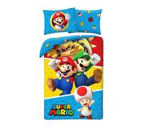 Parure de Lit Super Mario 100% Coton, Housse de Couette Réversible 140x200 cm + Taie d'oreiller, avec Mario, Luigi, Toad et Wario