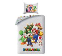 Parure de lit Super Mario 135 x 200 cm + 80 x 80 cm - Avec Mario, Luigi, Toad, Peach, Wario & Yoshi - Parure de lit pour enfant - 2 pièces - Housse de couette et taie d'oreiller - Taille allemande -