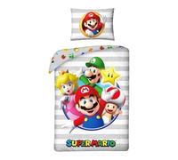 Parure de Lit Super Mario Bros Housse de Couette Réversible avec Taie d'oreiller, 2 Pièces (140x200 cm + 65x65 cm), 1 Personne (Parure Mario)