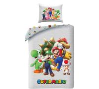 Parure de Lit Super Mario Réversible, Housse de Couette 140x200 cm et Taie d'oreiller, Polyester, avec Mario, Luigi, Toad, Peach, Wario et Yoshi