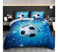 Parure de Lit ThèMe de Football Fantastique Housse de Couette 200x200 cm et 2 Taie d'oreiller, Ruche Bleue Douce et Hypoallergique Microfibre Parure de Couette 2 Personnes pour Enfant Ado et Adulte