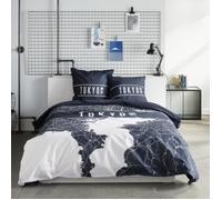 Parure de lit - TODAY - JAVA - 2 personnes - 240x220 cm - Coton - Imprimé Tokyo - Bleu foncé