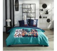 Today Parure de lit Java 2 personnes 220x240 cm + 2 taies 63x63 cm imprimée Tokyo bleu et rouge