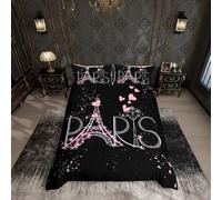 Parure de lit Tour Eiffel 200x200cm Paris Chic Parure de lit, Housse de Couette thème Romantique pour garçons Filles Enfants Adolescents Noir Rose Moderne Style français literie