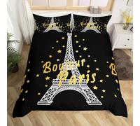 Parure De Lit Tour Eiffel L Sets de Housses de Couettes Étoiles Dorées Pour Enfants Jeunes Housse De Couette France Romantique Ciel Étoilé Doré Housse De Couette Bâtiment De La Ville De Paris Noir