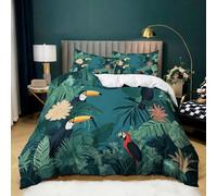 Parure de Lit Tropicale Oiseaux avec 2 Taies d'oreiller, Housse de Couette en Microfibre Douce Vert Sarcelle pour Adultes et Enfants, Parure de Lit 1 Personnes Jungle 90x190 cm Décoration de Chambre