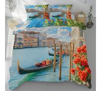 Parure de Lit Venise Grand Canal, Housse de Couette Paysage Urbain Méditerranée Italie Microfibre Linge de Lit 240x260 2 Personnes Literie avec Fermeture Éclair et 2 Taies D'oreiller 80x80 cm