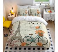 Parure de lit vintage Paris avec housse de couette et taies d'oreiller en microfibre douce Motif Tour Eiffel et montgolfière Style parisien 3 Lit simple 135 x 200 cm + 65 x 65 x 2 cm