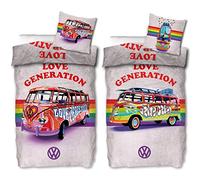 Parure de lit VW Volkswagen Bulli Love Generation - 135 x 200 cm + 80 x 80 cm - 100% Coton renforcé - Qualité supérieure - VW Bus LGBTQ Rainbow Retro 184