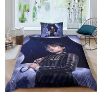 Parure De Lit Wednesday pour Enfant - avec Housse De Couette Et Taies d'oreiller - Motif Addams - en Microfibre Douce - avec Fermeture Éclair Single(135x200cm)