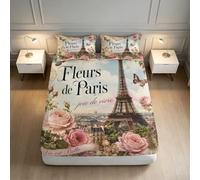 Parure Drap Housse Paris Fleurs déco Romantique Chambre ado | 90x200x25cmtoucher microfibre doux respirant entretien facile poche profonde élastique ajustement matelas 25cm maintien sûr