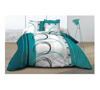 Parure Drap plat + drap-housse 140x190 + 2 T - Pur Coton 57 Fils - Roue L Turquoise