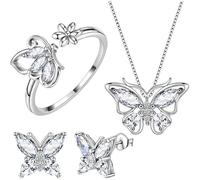 Parure Ensemble de Bijoux Femme Papillon Collier Bague Boucles d'Oreilles Set pour Fiançailles de Bal de Mariage Anniversaire Noël Saint Valentin Femmes et Filles BS