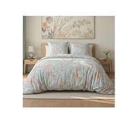 Parure housse de couette 2 taies BLANDINE - Motif floral turquoise et rose 100% microfibre 240x220cm