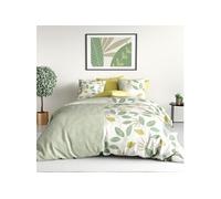 Parure housse de couette 2 taies EUREKA - Motif feuilles vert et jaune 100% coton 260x240cm