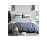 Parure housse de couette 240x220cm - 2 taies - motif graphique - Bleu et Taupe - 100% coton - SOLIA