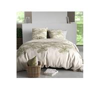 Parure housse de couette 260x240cm 100% coton motif fleurs beige et vert