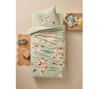 Parure housse de couette et taie d'oreiller TOUR DU MONDE ANIMAUX avec coton recyclé vert sauge 140X200 63X63