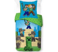 Parure Housse de Couette Minecraft en Coton, Parure de lit Réversible 140x200 cm, Taie d'oreiller 65x65 cm, 100% Coton (Parure Minecraft -a)