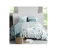 Parure housse de couette OLIZE - Motif feuillage vert et blanc - 100% coton - 240x220cm + 2 taies