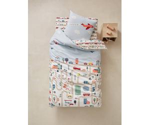 Parure housse de couette + taie d'oreiller enfant AUTO-CITY beige imprimé 140X150 63X63