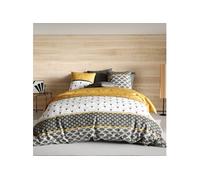 Parure housse de couette TILIO 240x220cm 2 taies motif rétro 100% coton Gris et Jaune