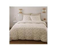 Parure housse de couette VEOLIS 260x240cm + 2 taies motif petites fleurs beige 100% gaze de coton