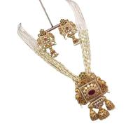 Parure traditionnelle indienne en or avec boucles d'oreilles et pendentif de style antique avec rubis et perles, design multi-rangs