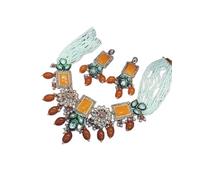 Parure traditionnelle indienne Kundan en émail orange et vert avec perles de perles, chaîne multi-rangs de perles blanches, bijoux de mariage