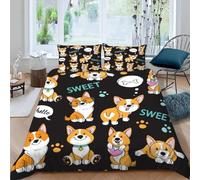 Parures de Lit 1 Personnes Corgi de Dessin Animé Microfibre Douce Housse de Couette 140x200 Imprimé 3D Enfants, Garçons et Filles Housses Couette avec 2 Taies d'oreiller et Fermeture Éclair B.746