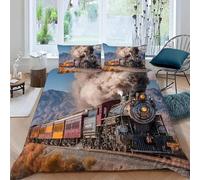 Parures de Lit 2 Personnes Train à Vapeur Imprimé 3D Housse de Couette 240x260 Microfibre Douce Paysages Naturels Housses Couette avec 2 Taies d'oreiller et Fermeture Éclair a1872