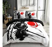 Parures de lit 220 x 240 cm Peinture à l'encre de samouraï Japonais Ensemble De Literie Polycoton avec Fermeture Éclair Noir Housse de Couette Parure de lit Doux Imprimé avec 2 Taie d'oreiller