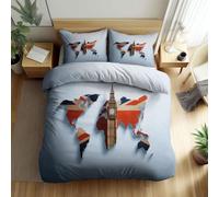 Parures de lit 240 x 220 cm Carte du monde bâtiments de Londres Ensemble De Literie avec Fermeture Éclair Bleu clair Réversible Housse de Couette Parure de lit Doux Imprimé avec 2 Taie D'oreiller