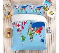 Parures de lit Enfant 1 Personne Housse de couette 140x200 et Taie d'oreiller 50x75 Dessin Animé Animal Vert Kaki Rétro Carte du Monde Drapeau National Bleu Terre Literie Adulte Lit Simple (C)