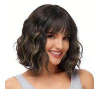 PARXITN - Perruque courte bob avec frange en cheveux synthétiques multicolores pour femme - quotidienne, fête, Halloween, cosplay - perruque ondulée bou de 30 cm en brun foncé avec mèches blondes