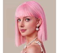 PARXITN Perruque courte Bob rose avec frange plate de 30 cm/12 pouces - Perruque synthétique multicolore pour cosplay, Halloween, carnaval, fête quotidienne - Pour femmes