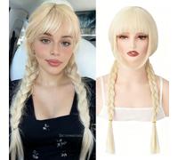 PARXITN Perruque de cosplay blonde - Coupe réglable - Longue perruque tressée double avec frange - Perruque d'Halloween pour fête, carnaval - Pour femme