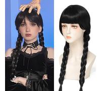 PARXITN Perruque Mercredi Addams - Coupe réglable - Longue perruque tressée double avec frange - Perruque d'Halloween - Cosplay - Noir - Pour fête, carnaval - Pour femme et fille