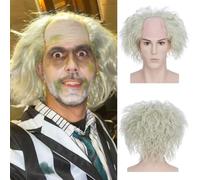 PARXITN Perruque synthétique courte chauve pour homme - Pour cosplay, scientifique fou Einstein - Vert clair - Perruque bouclée - Pour Halloween - Costume unisexe
