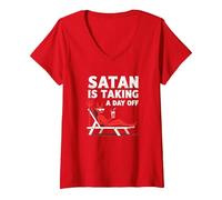 Pas Aujourd'hui Satan : Vacationing Devil sirote Un Cocktail T-Shirt avec Col en V, Femme, Rouge, M