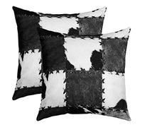 (Pas Réel) Lot de 2 Housses de Coussins 60x60 en Fourrure de Vache,Taie Oreiller en Peau de Vache Patchwork,Housse d'oreiller de Cow-Boy Animalier,Housses de Coussin Décorative Western,Noir Blanc