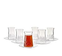 Pasabahce Lot de 12 tasses à thé turques en cristal avec soucoupes, 6 tasses et 6 assiettes, parfaits pour les goûters, les cadeaux, les pendaisons de crémaillère, les mariages, les anniversaires