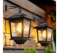2 Pack Solar Wall Lanterns with Replaceable Bulb,Outdoor Hanging Solar Lights with 4 Solar Panels,Dusk to Dawn Led Outdoor Wall Sconce,Anti-Rust Waterproof Wall Lanterns with Hooks,3000K Warm White