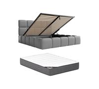 PASCAL MORABITO - lit 140 x 190 avec sommier - Lit Coffre 140 x 190 cm - Tissu Effet Cuir - Gris + Matelas - DAMADO de