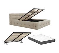 PASCAL MORABITO - Lit Coffre capitonné 140 x 190 cm - Tissu chiné - Beige + Matelas - LERUCO de