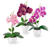 PASCH ® Fleurs artificielles en Pot (35 cm) Lot de 3 orchidées, Arrangement artificiellement coordonné dans des Pots en céramique Brillante, Fleurs décoratives orchidées artificielles (Violet-Rose)