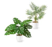 PASCH® Lot de 2 palmiers artificiels Monstera et Areca (35 cm) dans des pots en céramique blancs : plantes artificielles comme de vraies plantes artificielles en pot | Faux plante + palmier artificiel