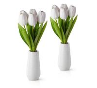 PASCH® Lot de 2 tulipes artificielles dans des vases en céramique blanche (35 cm) : tulipes blanches élégantes artificielles comme de vraies fleurs artificielles en pot | Tulipes artificielles en pot