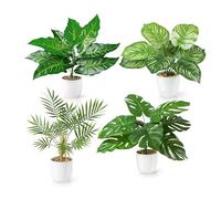 PASCH® Lot de 4 plantes tropicales artificielles comme de vraies plantes (35 cm) dans des pots en céramique blanche : entre autres Monstera artificiel & Palmier artificiel Areca | Plantes