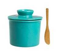 Pasdrucn 11.5x11.5x10.5cm Beurrier à Eau Avec Un Couteau à Beurre En Bambou, Pot A Beurre Français, Beurrier Porcelaine, Beurre Pot En Porcelaine, Boite Beurre, Mesa Beurrier Ceramique (Bleu)